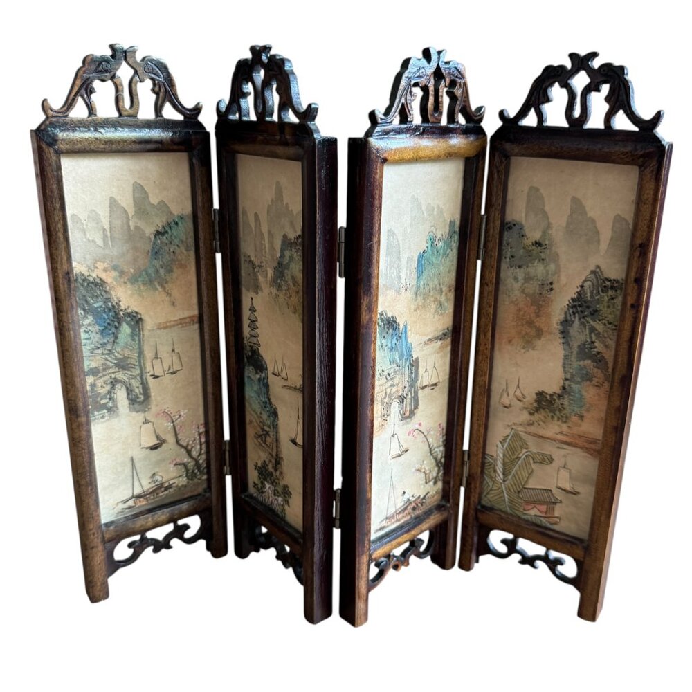 Asian Miniature Folding Screen Table Top Divider Screen Dollhouse Decor 4 Panel
